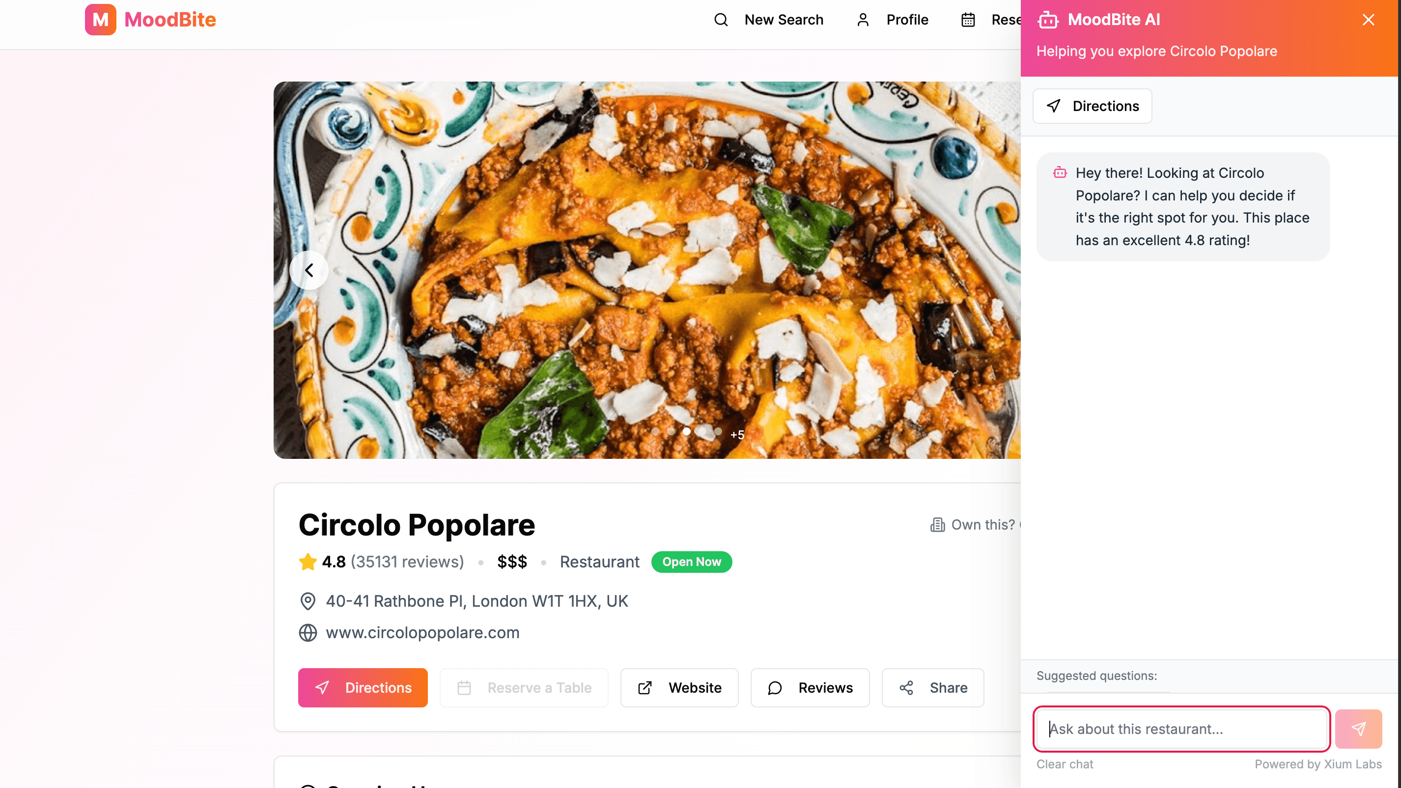 Open the restaurant page screen