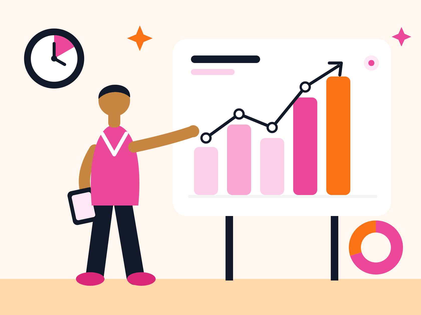 A person presenting a rising chart, illustrating how a restaurant's mood-fit score is built