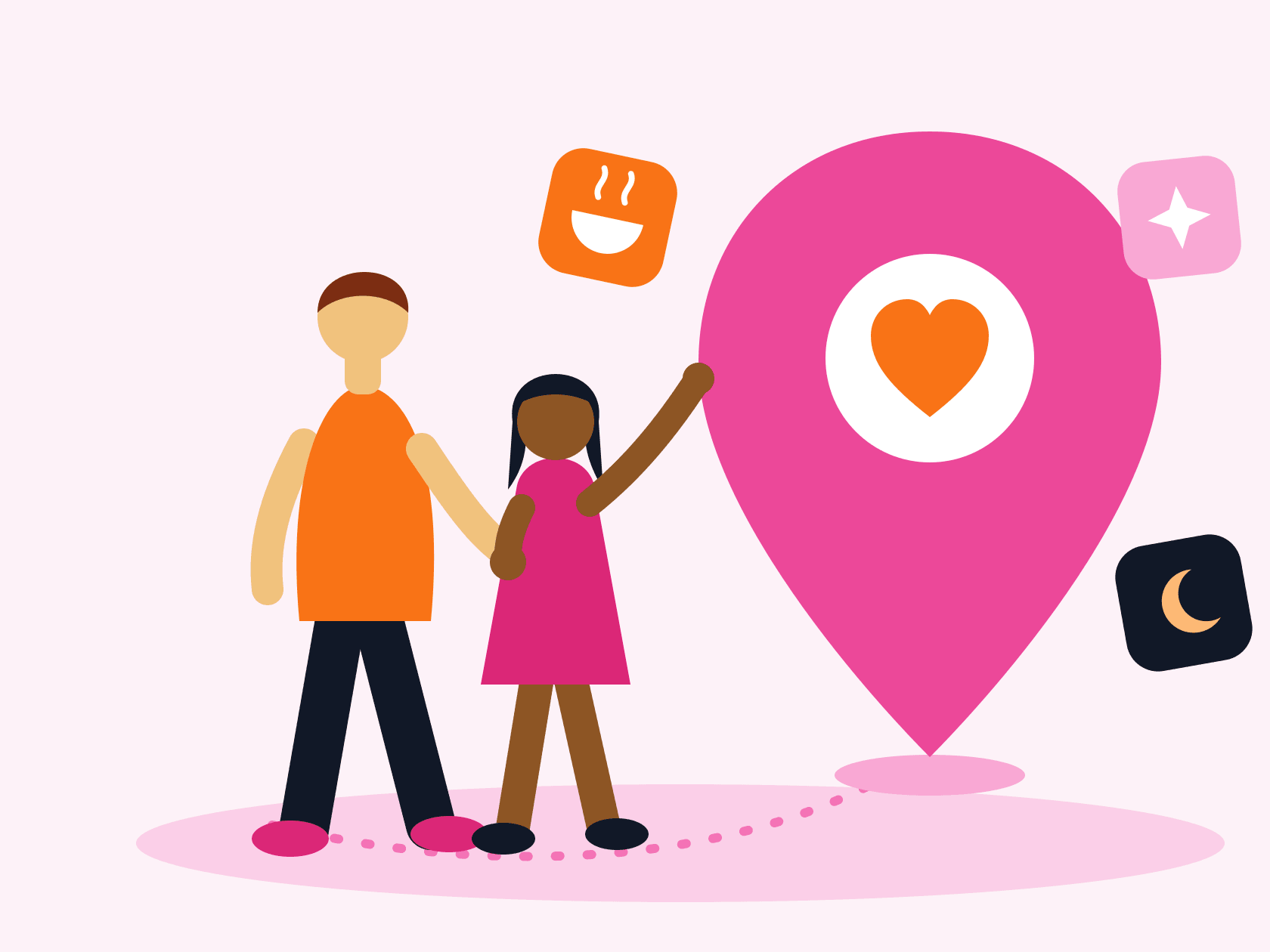 Two people walking towards a map pin, surrounded by icons for comfort, celebration and calm